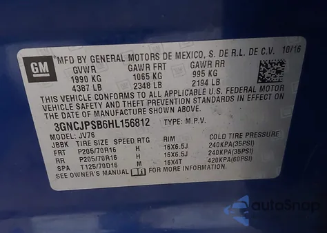 2017 Chevrolet Trax Lt z USA, uszkodzony, nr VIN 3GNCJPSB6HL156812